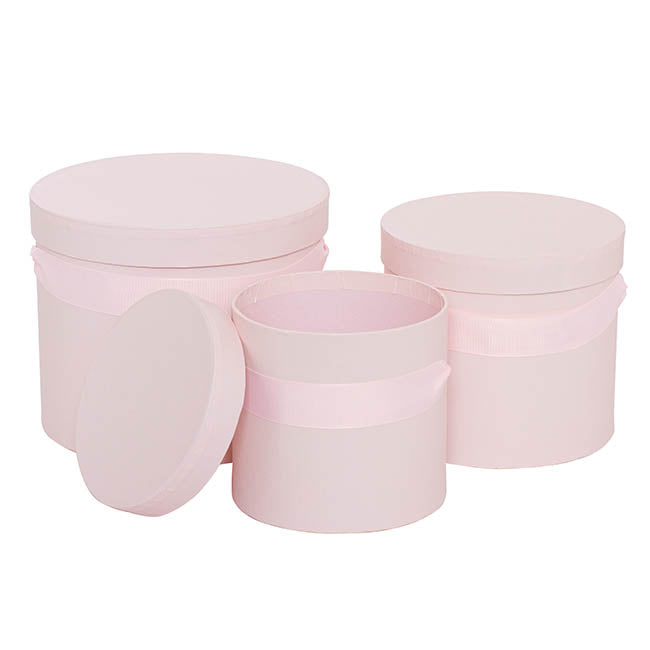 Flower Hat Box Ribbon Round Set 3 Baby Pink (18.5cmx15cmH)