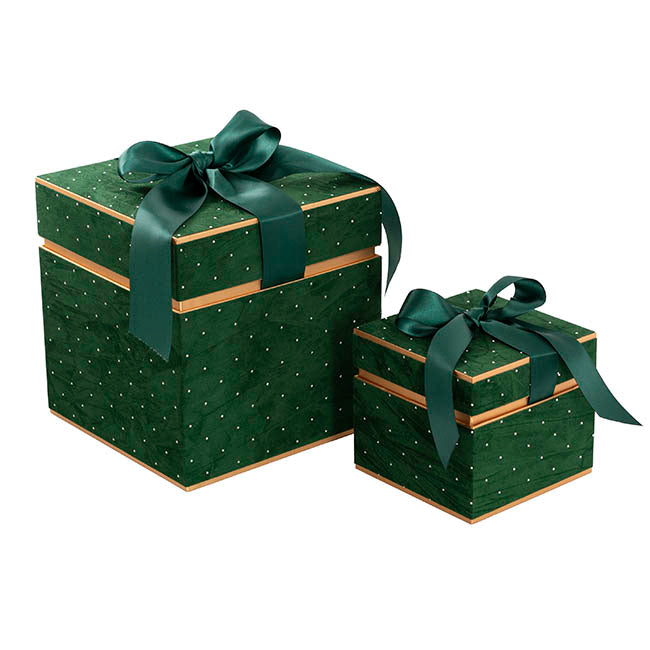 Velvet Luxe Gift Hamper Box Ribbon Green Set 2(18x18x18Hcm)