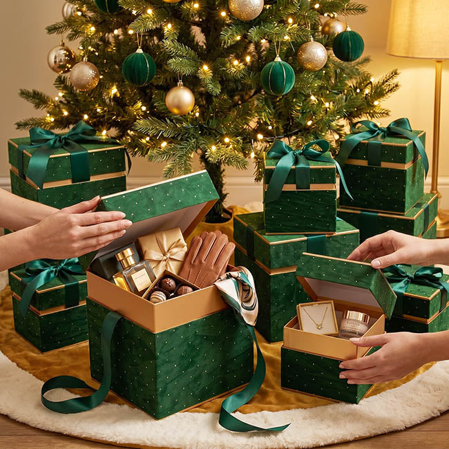Velvet Luxe Gift Hamper Box Ribbon Green Set 2(18x18x18Hcm)