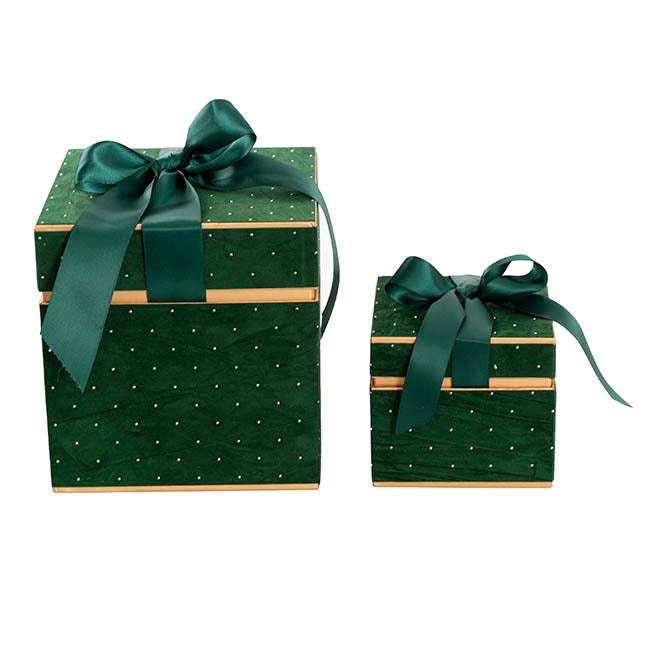 Velvet Luxe Gift Hamper Box Ribbon Green Set 2(18x18x18Hcm)
