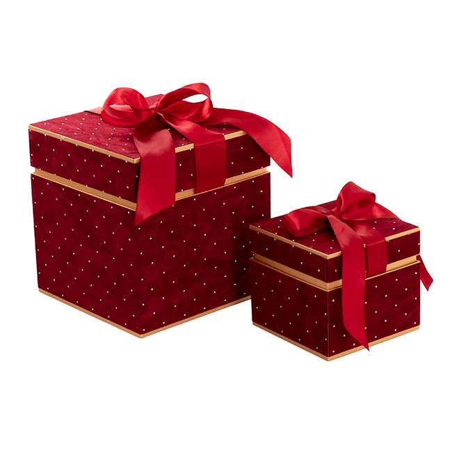 Velvet Luxe Gift Hamper Box Ribbon Red Set 2 (18x18x18Hcm)