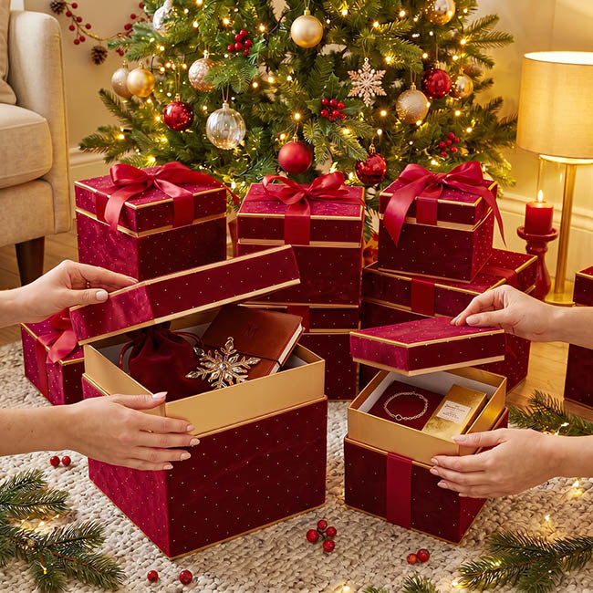Velvet Luxe Gift Hamper Box Ribbon Red Set 2 (18x18x18Hcm)