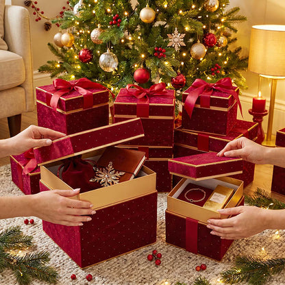 Velvet Luxe Gift Hamper Box Ribbon Red Set 2 (18x18x18Hcm)