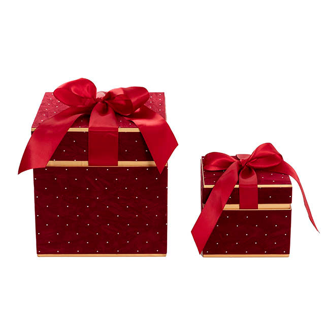 Velvet Luxe Gift Hamper Box Ribbon Red Set 2 (18x18x18Hcm)