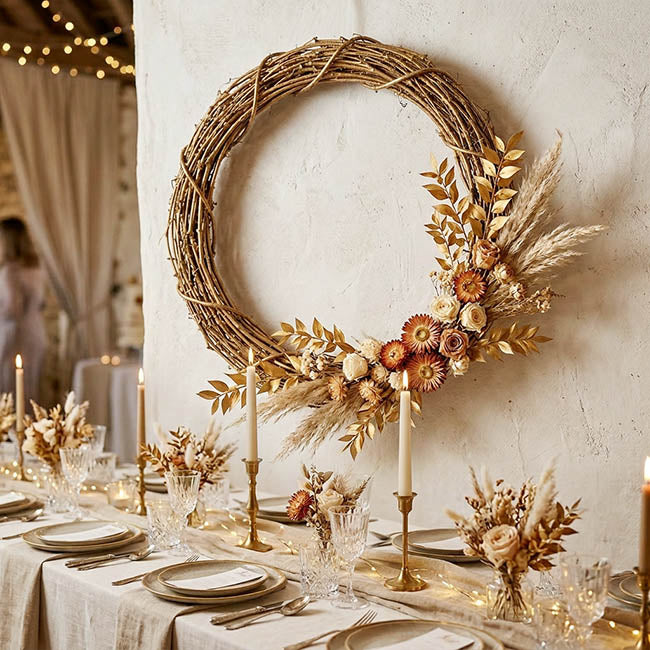 Grapevine Rattan Wreath Round Gold (40cmD)