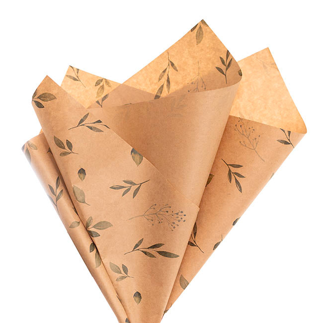 Kraft Paper Leafy Greens Print 80gsm Brown Pk100 (50x70cm)