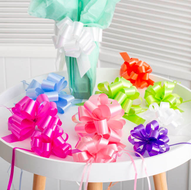 Ribbon Pull Bow Pom Pom Hot Pink (18mmx8.75cmD) Pack 5