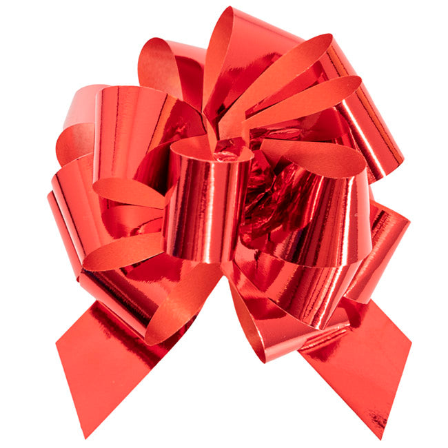 Ribbon Pull Bow Pom Pom Metallic Red (18mmx8.75cmD) Pack 5
