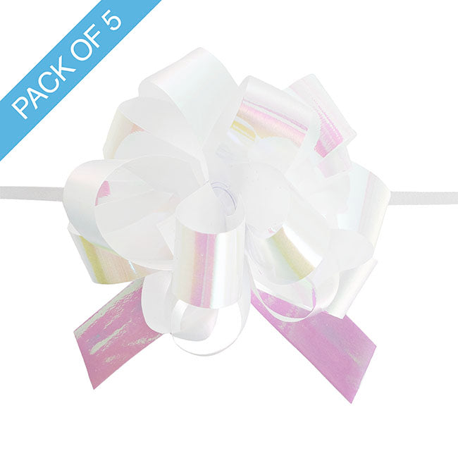 Ribbon Pull Bow Pom Pom Iridescent White (18mmx8.75cmD) Pk5