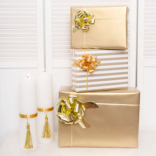 Ribbon Pull Bow Pom Pom Metallic Gold (32mmx12.5cm) Pack 5