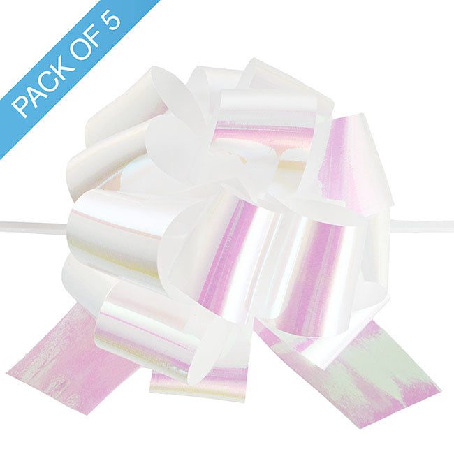 Ribbon Pull Bow Pom Pom Iridescent White (32mmx12.5cm) Pk5