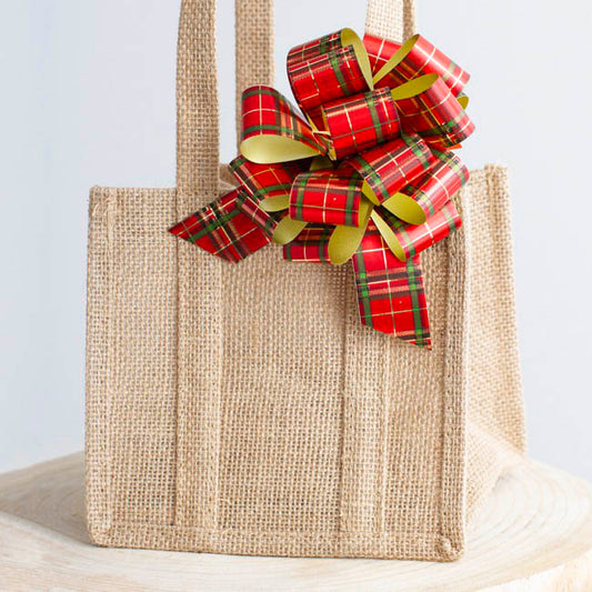 Ribbon Pull Bow PomPom TartanPlaid RedGreen (30mmx12.5cm)Pk5