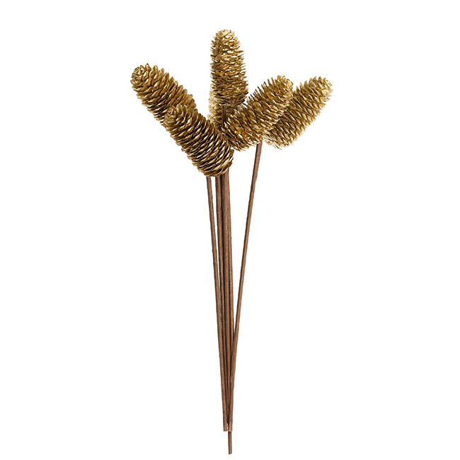 Artificial Pinecone Pick Bunch 6 Gold (40cmH)