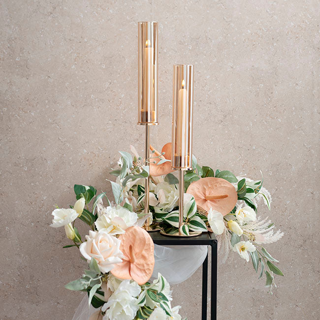 Glass Sleeve Single Taper Candle Holder Stand Gold (50cmH)