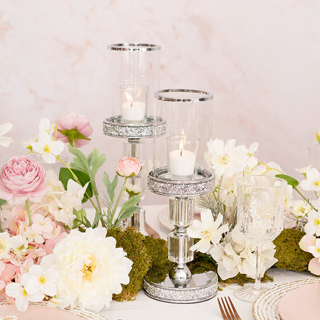 Glass Sleeve Pillar Candle Holder Stand Silver (26cmH)