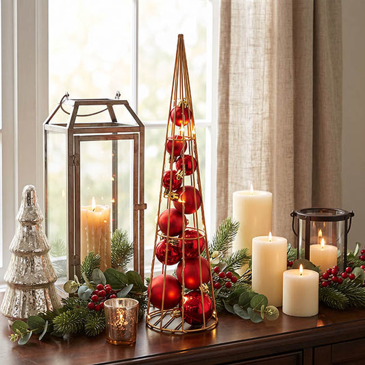 Metal Bauble Table Top Tree LED Dark Red (10x40cmH)