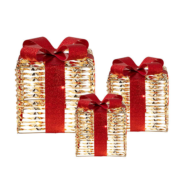 Metal Gift Box w Bow LED Set 3 Gold (15/20/25cm)