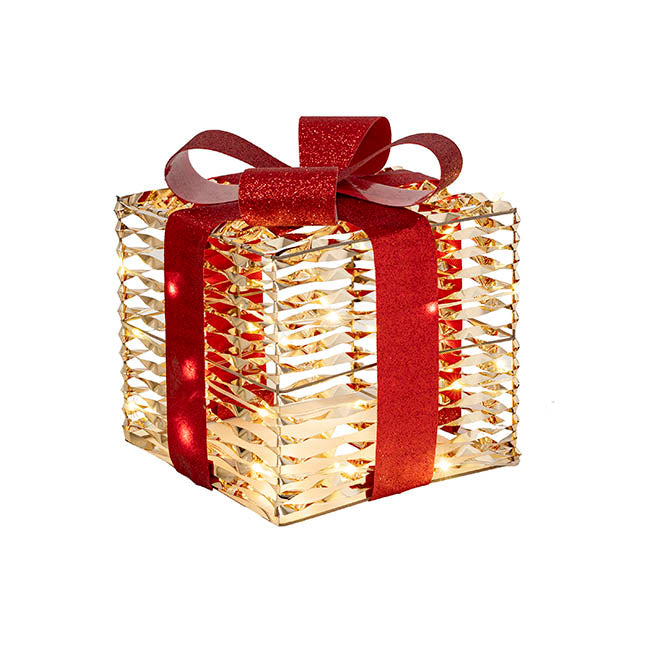 Metal Gift Box w Bow LED Set 3 Gold (15/20/25cm)