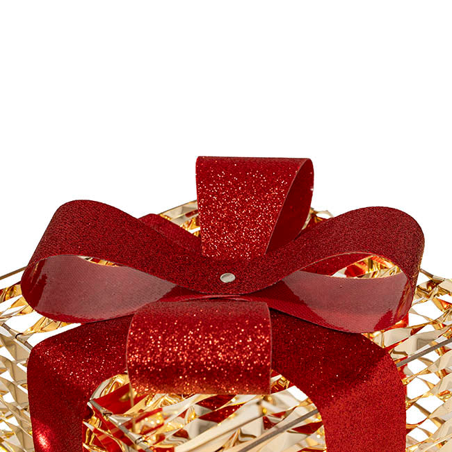 Metal Gift Box w Bow LED Set 3 Gold (15/20/25cm)