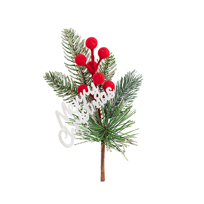 Merry Christmas Flocked Berry Picks Pack 6 Red (23cmH)