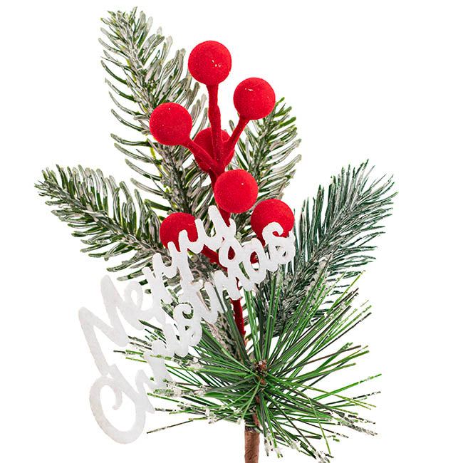 Merry Christmas Flocked Berry Picks Pack 6 Red (23cmH)