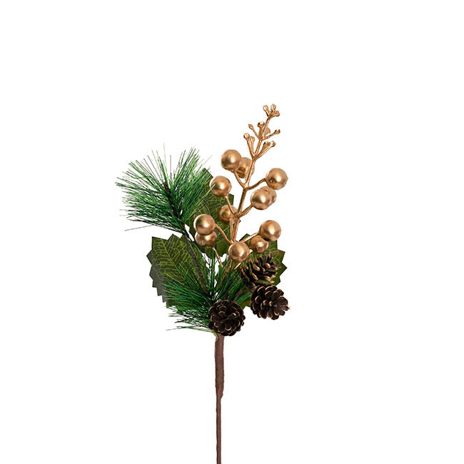 Berry Pinecone & Pine Needle Pick Pack 4 Gold (23cmH)
