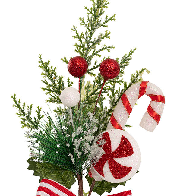 Candy Cane & Snow Pine Pick Red (35cmH)