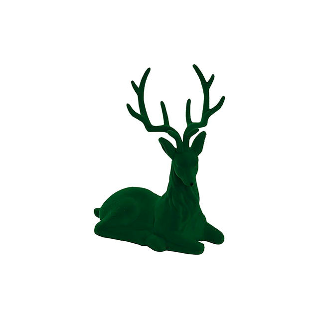 Sitting Flocked Reindeer Dark Green (18x25cmH)