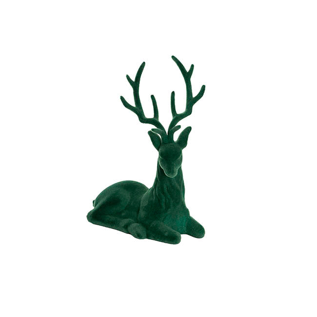 Sitting Flocked Reindeer Dark Green (18x25cmH)