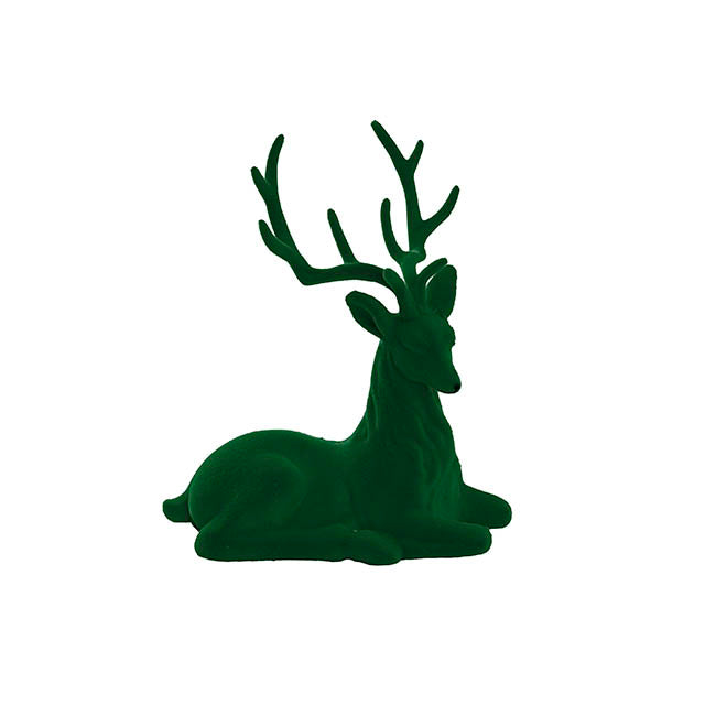 Sitting Flocked Reindeer Dark Green (18x25cmH)