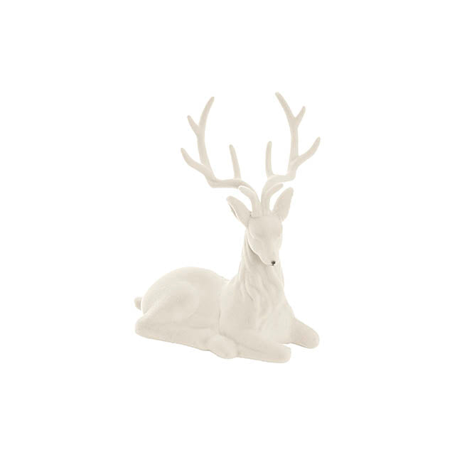 Sitting Flocked Reindeer White (18x25cmH)