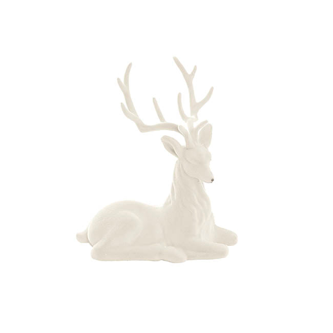 Sitting Flocked Reindeer White (18x25cmH)