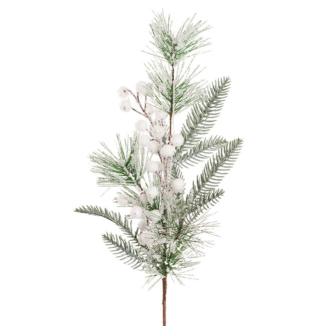 Snow Flocked Pine & Berry Spray White (56cmH)