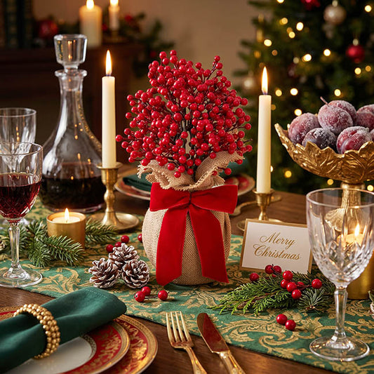 Lush Christmas Berry Table Tree w Bow Red (28cmH)