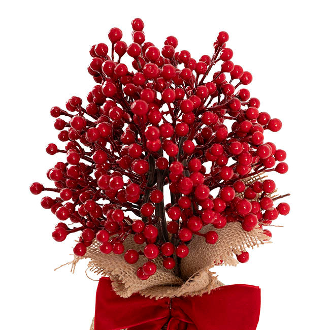 Lush Christmas Berry Table Tree w Bow Red (28cmH)