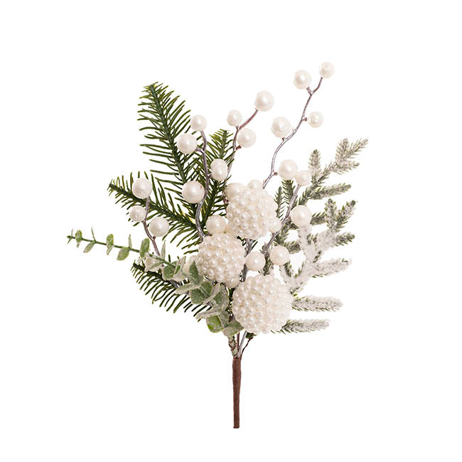Berry Ball & Mixed Pine Spray White (32cmH)