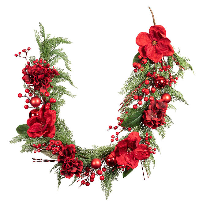 Magnolia Hydrangea Berry Garland Red (150cmL)