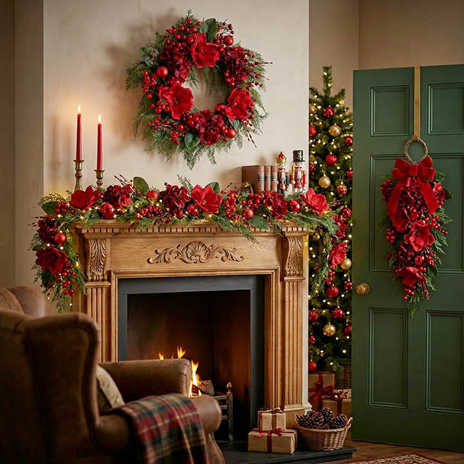 Magnolia Hydrangea Berry Garland Red (150cmL)