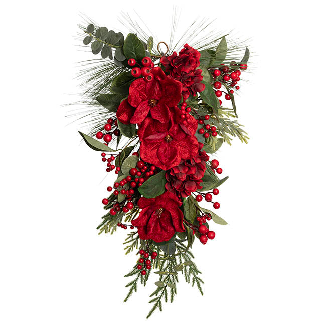 Magnolia Hydrangea Berry Teardrop Swag Red (71cmH)