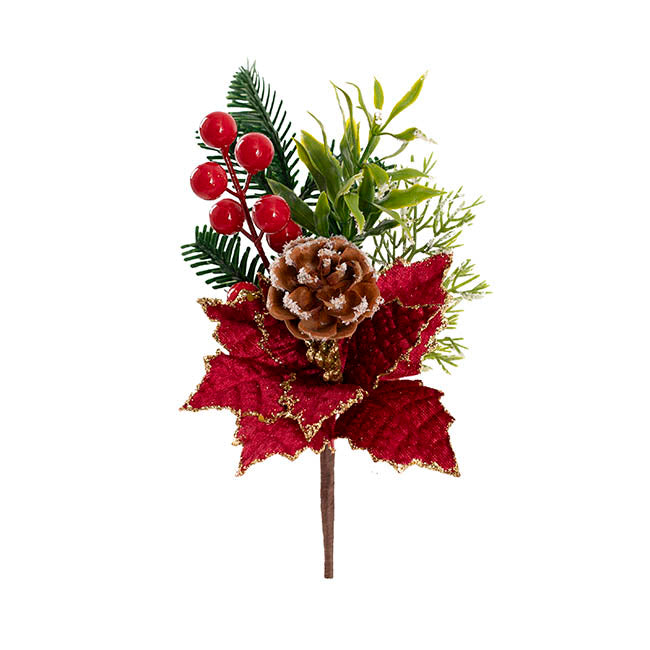 Poinsettia Pinecone Berry Pick Dark Red (23cmH)