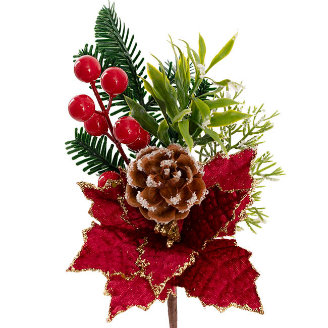 Poinsettia Pinecone Berry Pick Dark Red (23cmH)