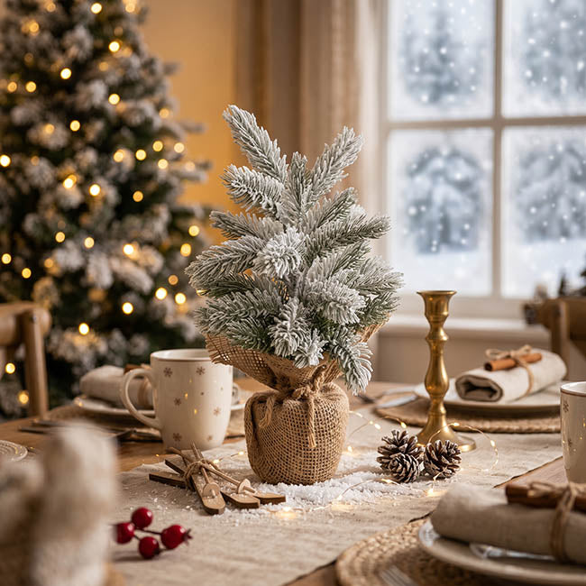 Snow Forest Pine Table Top Tree Potted Jute White (31cmH)
