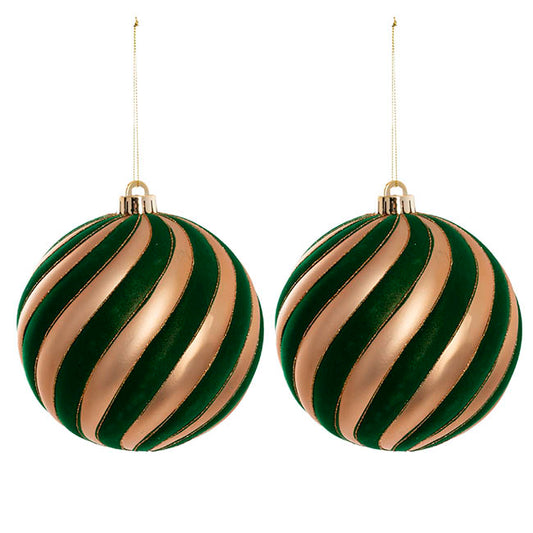 Large Hanging Swirl Bauble Pack 2 Green & Gold (15cmD)