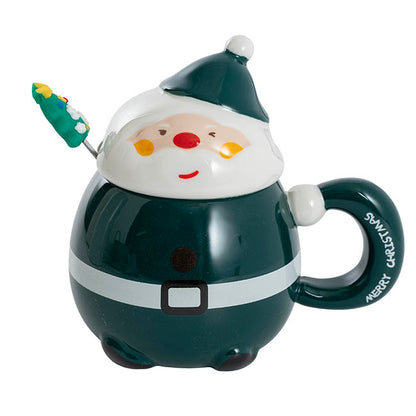 Jolly Happy Santa Ceramic Mug w Spoon Dark Green (8x14cmH)