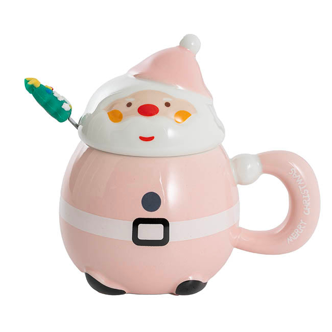 Jolly Happy Santa Ceramic Mug w Spoon Pink (8x14cmH)