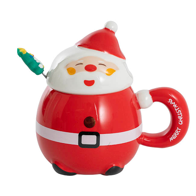 Jolly Happy Santa Ceramic Mug w Spoon Red (8x14cmH)