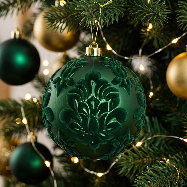Hanging Bauble Flocked Brocade Pattern Dark Green (14.5cmD)