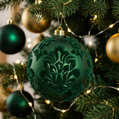 Hanging Bauble Flocked Brocade Pattern Dark Green (14.5cmD)