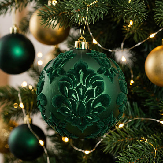 Hanging Bauble Flocked Brocade Pattern Dark Green (14.5cmD)