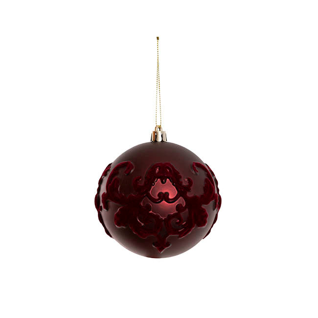 Hanging Bauble Flocked Damask Pattern Pack 3 Burgundy(10cmD)